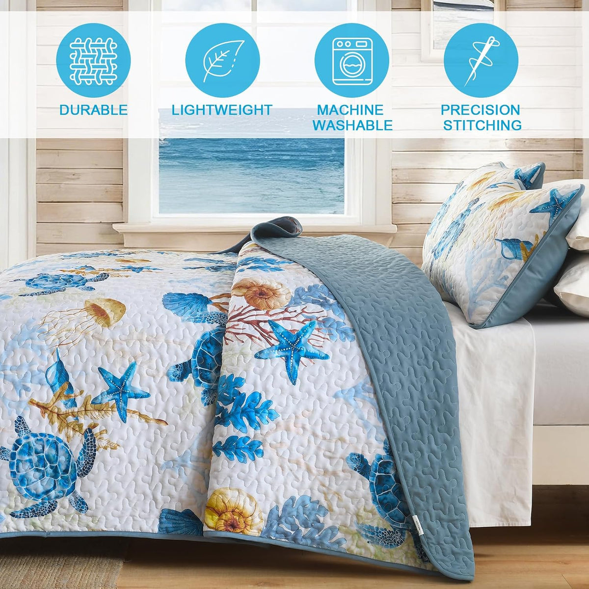 DJY Ocean Coastal Quilt Queen Size, 3 Pcs Sea Turtle Theme Bedspread Set