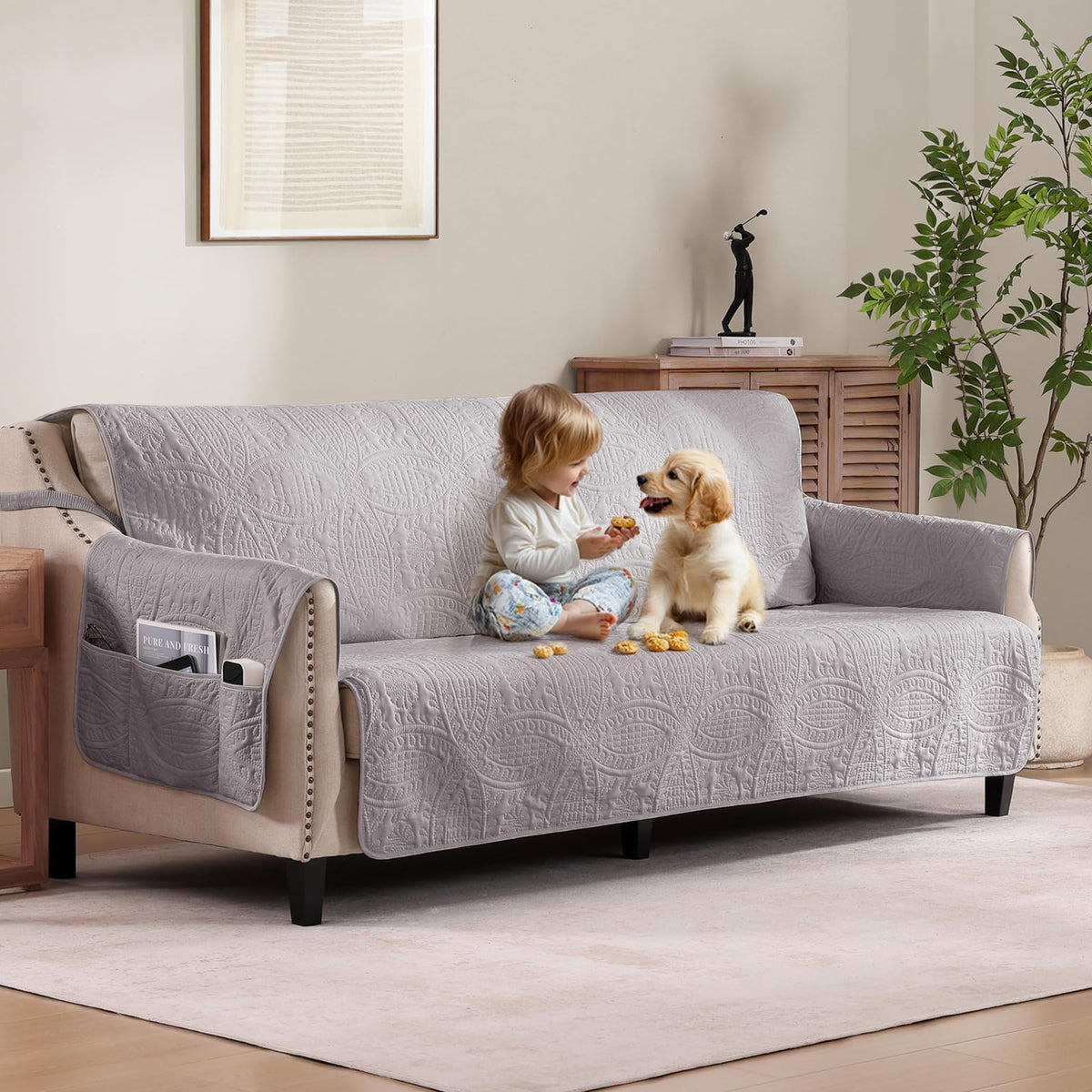 Soft Quilted Couch Cover with Pockets for Extra-Large Sofa, Anti-Slip Sofa Covers Washable for 3 Cushion Pet Friendly Medallion Oversized Sofa Cover Water-Repellent (X-Large Sofa 78", Ivory White)