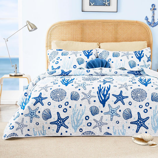 Love's cabin Quilts for Queen Coastal White Bedspreads Bedding Set - Summer Beach Nautical Quilt Lightweight Bedspread - Reversible Bedding Coverlet for All Season - 3 Piece