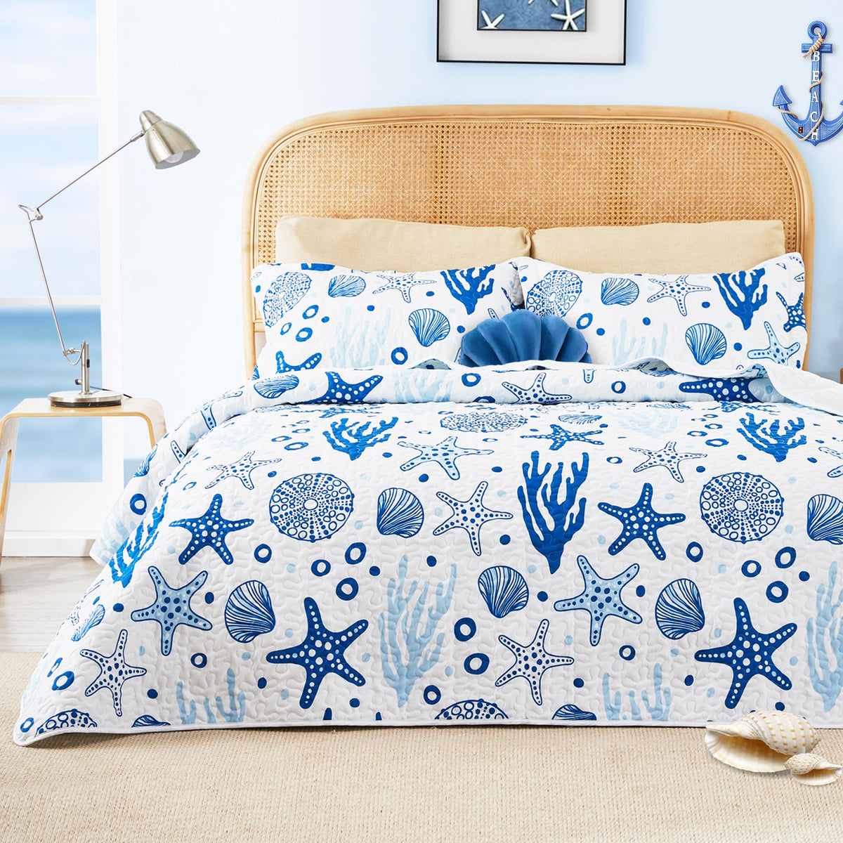 Love's cabin Quilts for Queen Coastal White Bedspreads Bedding Set - Summer Beach Nautical Quilt Lightweight Bedspread - Reversible Bedding Coverlet for All Season - 3 Piece