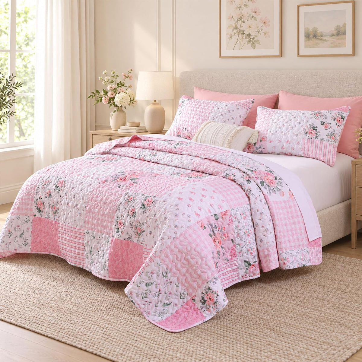 YIKUSH Floral Quilt Set Queen Size – Ultra Soft Lightweight Bedspread, 3 Piece Pink Bedding Set (90"x90") with Pillowcases (20"x26"), All Season Coverlet for Bedroom & Guest Room