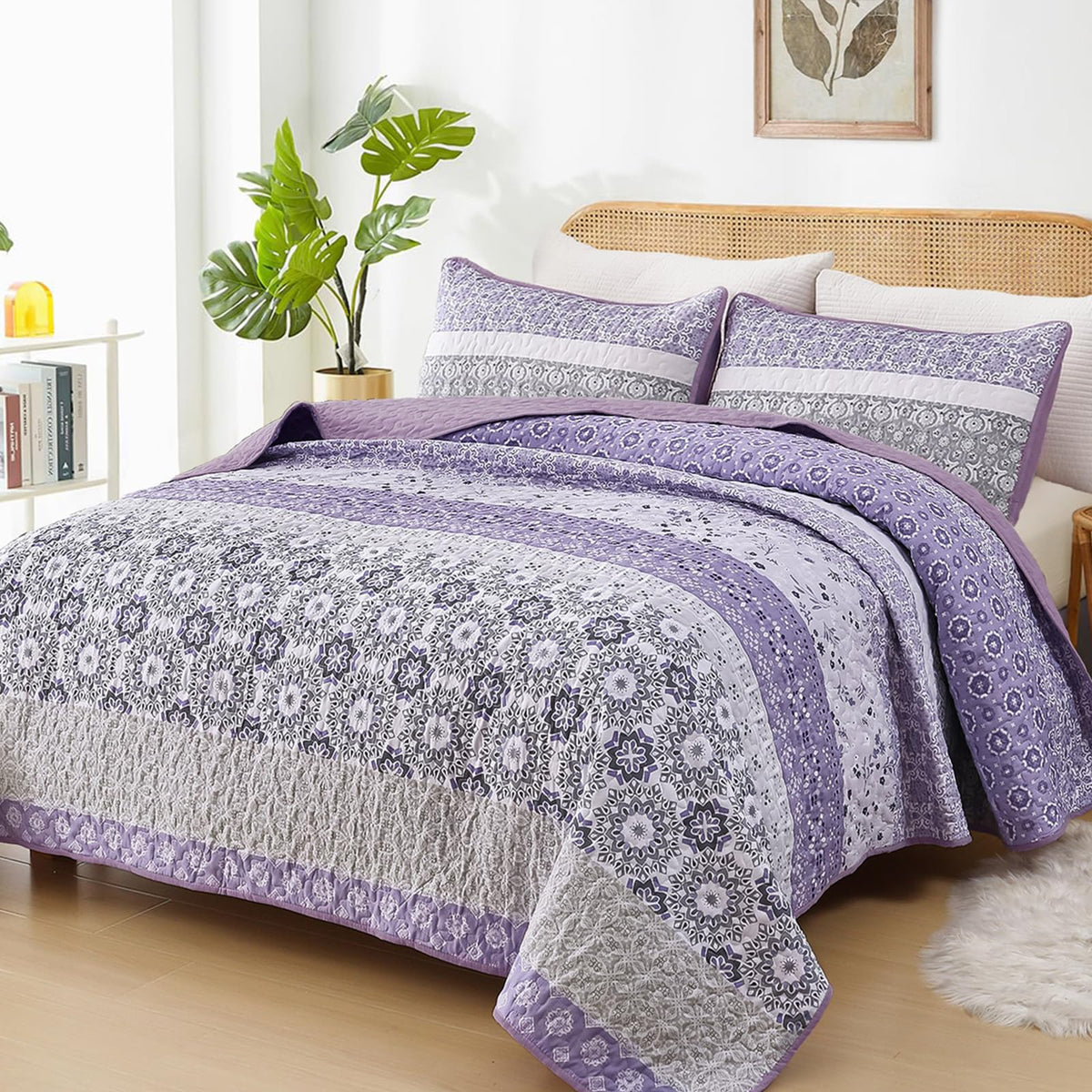 WONGS BEDDING Boho Quilt Set Queen，3 Pcs Yellow Floral Striped Bedspread