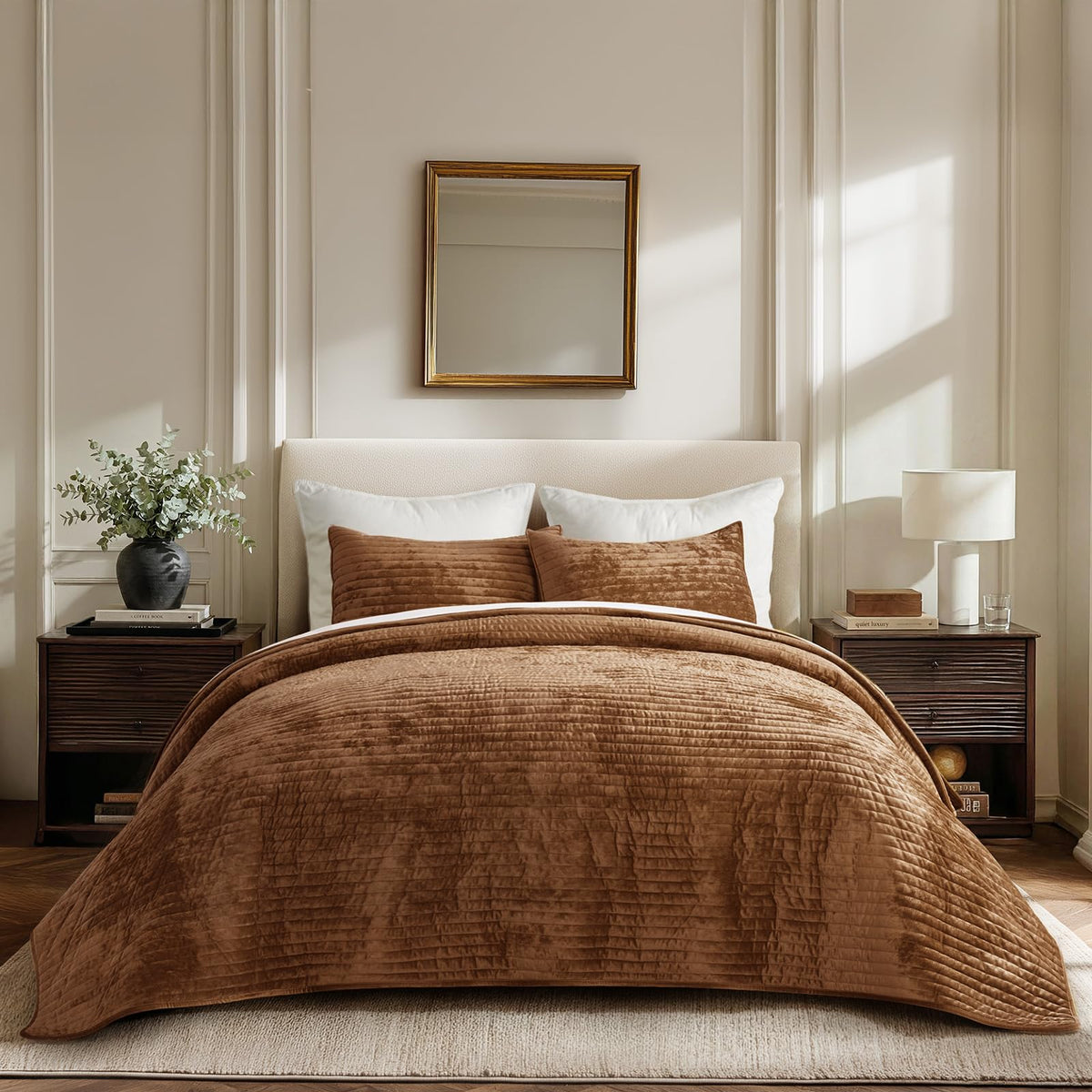 EverGrace Stripe Channel Luxury Velvet Quilt Set King Size, Mocha Brown