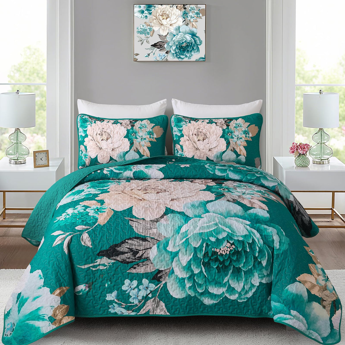 WONGS BEDDING Fall Quilt King Size, 3 Pcs Taupe Floral Bedspread Bedding