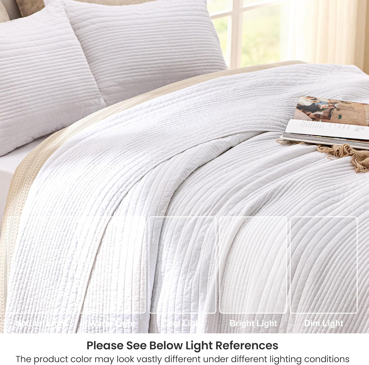 Love's cabin Queen Size Cotton Quilt Set, 100% Cotton Fabric Striped Textured Coverlet with Crinkled Look, Lightweight Quilted Bedspread for All Season, Includes 2 Pillow Shams, White