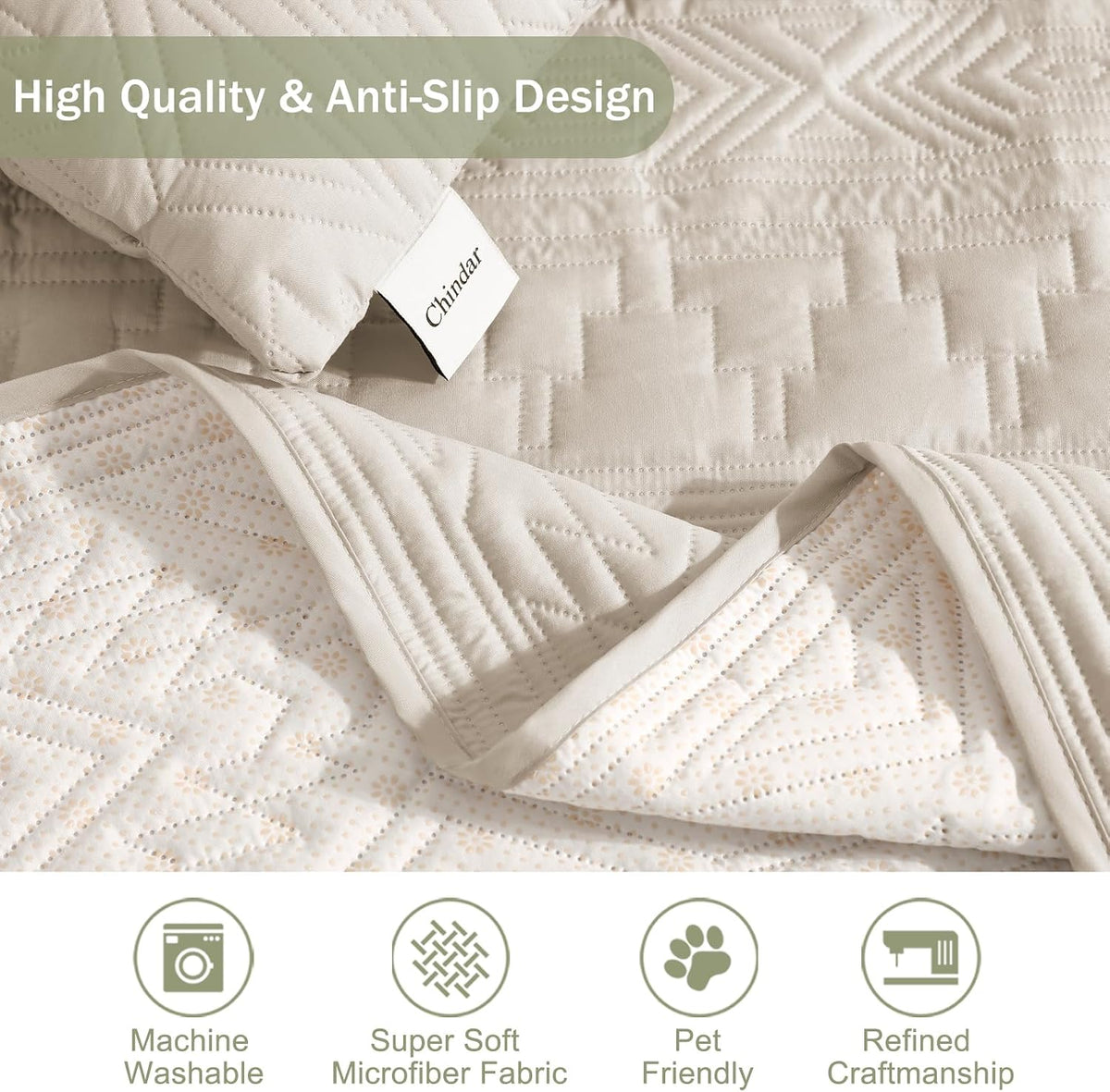 Soft Boho Quilted Couch Cover with Pockets for Extra-Large Sofa, Anti-Slip Boho Sofa Covers Washable for 3 Cushion Pet Friendly, Oversized Sofa Cover Water-Repellent (X-Large Sofa 78", Beige)