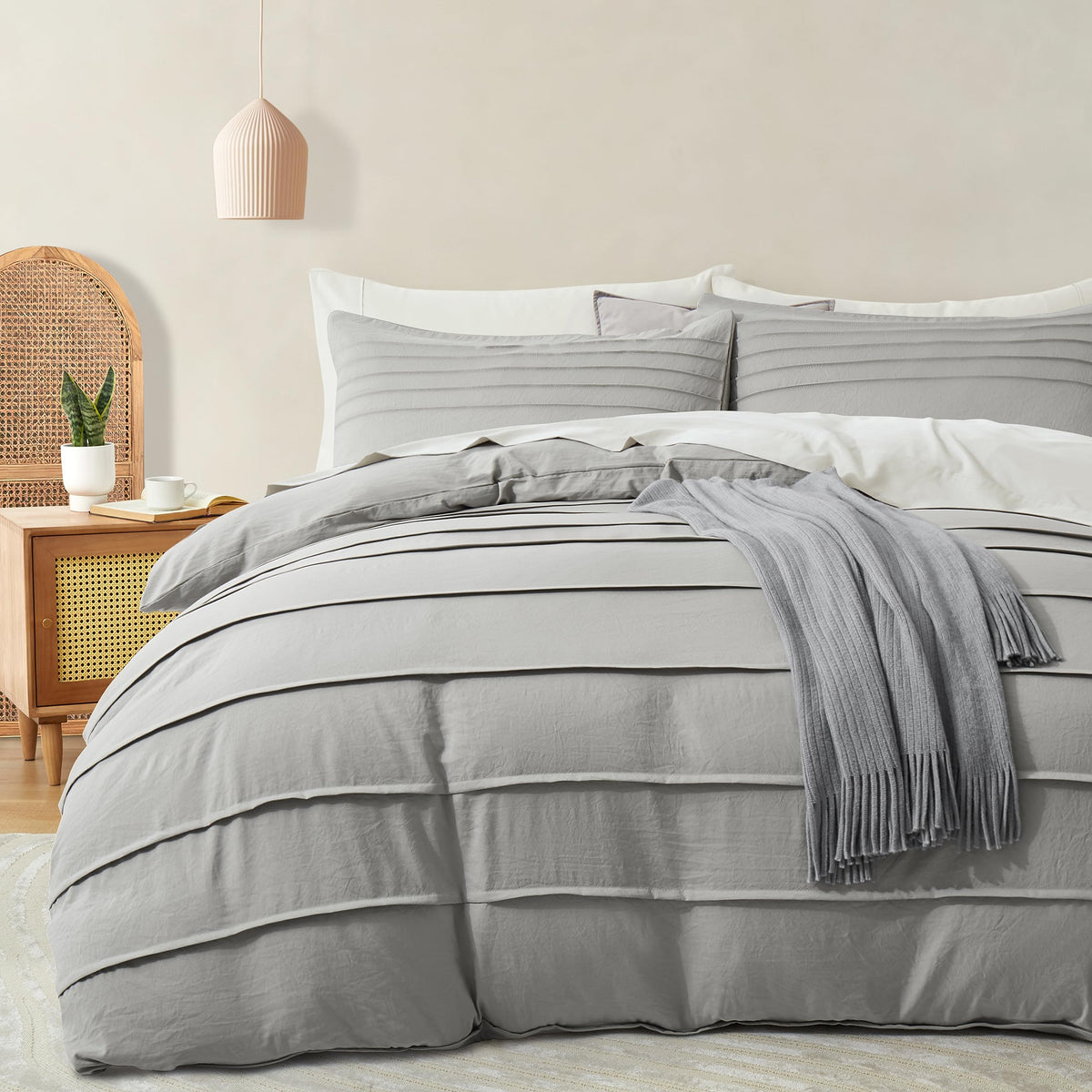 Oli Anderson 3PCS Pleated Duvet Cover Set, Beige, King