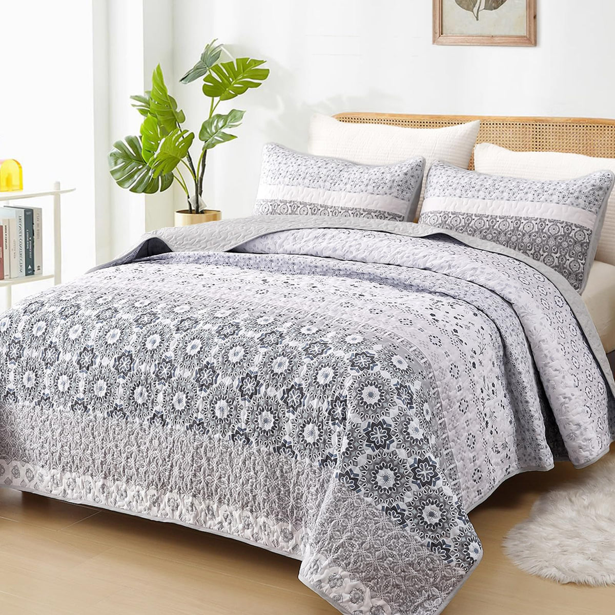 WONGS BEDDING Boho Quilt Set Queen，3 Pcs Yellow Floral Striped Bedspread