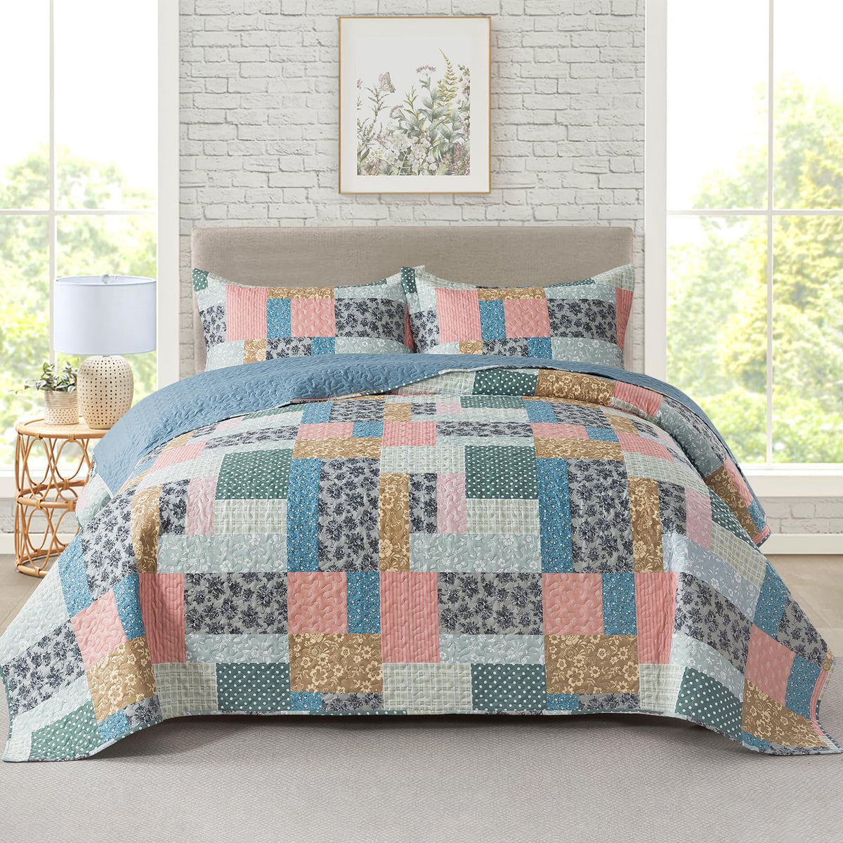Travan 3-Piece Quilt Set Quilted Bedspread Lightweight Coverlet Set Garden Style Floral Printed Oversized Quilted Bedding Set with Shams for All Season, Exquisite, King Size