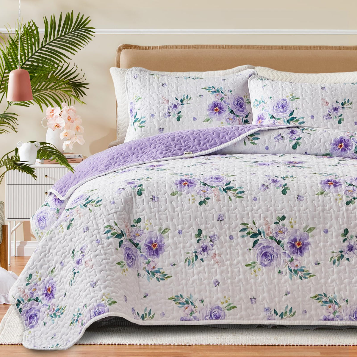 UOZZI BEDDING Floral Quilt Set 3 Pieces Queen Size White Pink Flower Soft Microfiber Lightweight Summer Reversible Coverlet Bedspread for All Season -1 Quilt 88 * 88 + 2 Pillow Shams