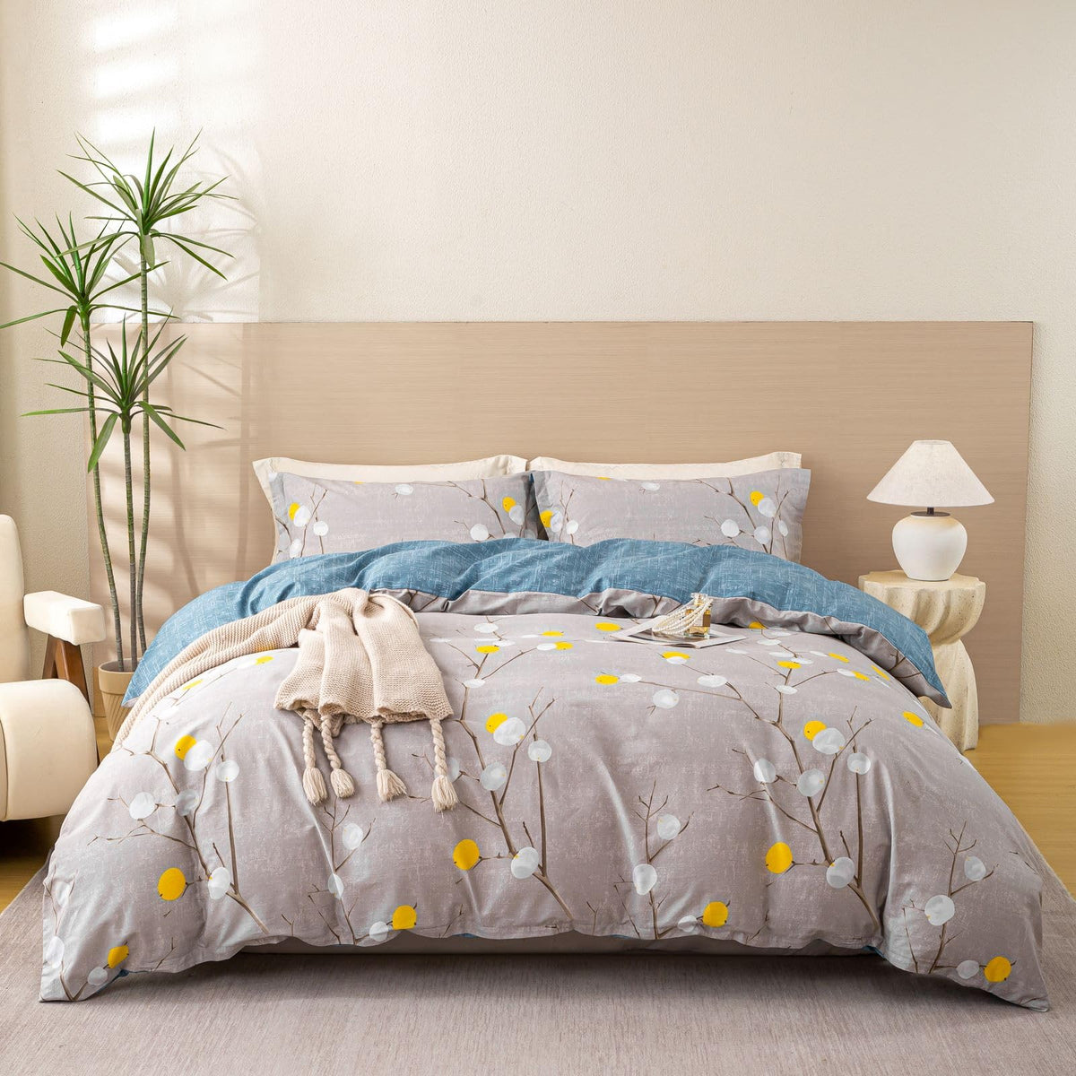 OAITE Queen Duvet Cover Set 3pcs 100% Cotton Wildflower Botanical