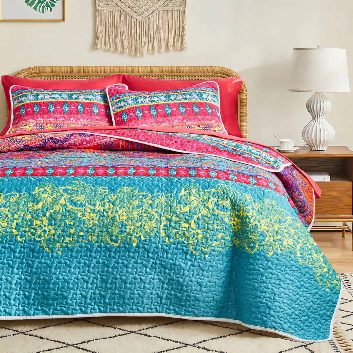 3 Pieces Colorful Boho Quilt Set Full Queen Size, Purple n Grey Bohemian Striped Printed Bedding Bedspread Coverlet Set for Summer, Soft Lightweight Microfiber Quilt with 2 Shams (88x88 inces)