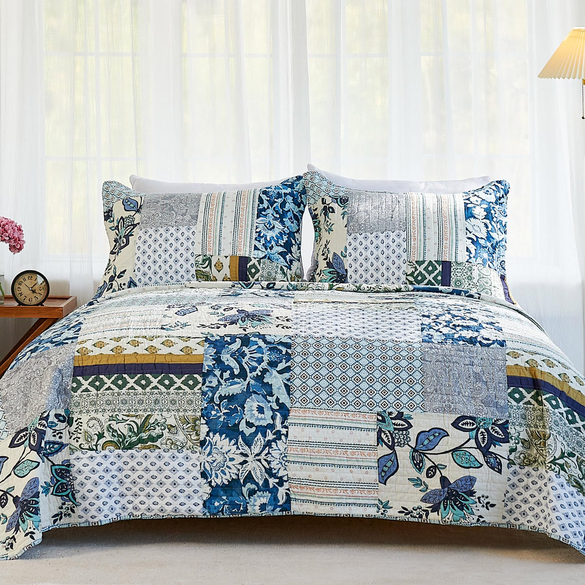 Secgo California King Quilt Size - 100% Cotton Oversized California Comforter Set Green Bedding Sets (120 * 110 Inch) with 2 Pillow Shams, Patchwork Reversible Lightweight Bedspread