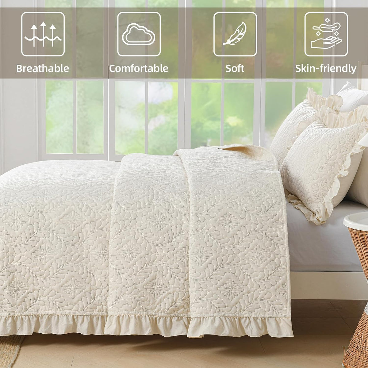 DJY Quilts Queen Size, Ruffled Reversible Bedding Set, Beige