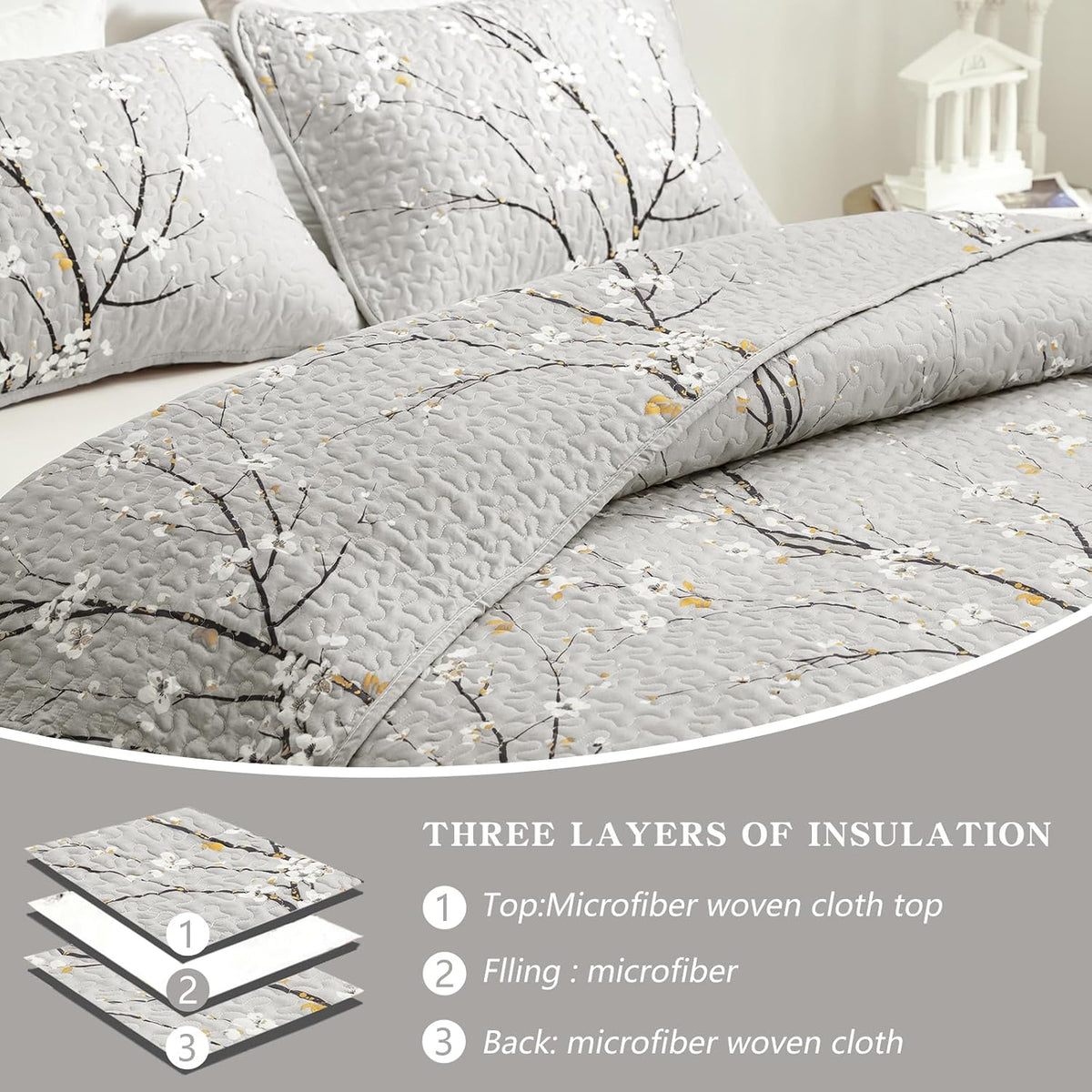 3 Piece Reversible Quilt Set Gray Branch with White Orange Floral King Size 102x88 Soft Microfiber Lightweight Coverlet Bedspread Summer Comforter Set Bed Cover for All Season (1 Quilt+ 2 Shams)