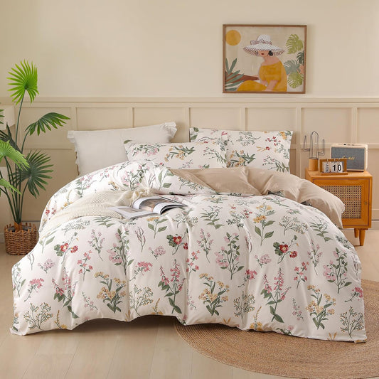OAITE Queen Duvet Cover Set 3pcs 100% Cotton Wildflower Botanical