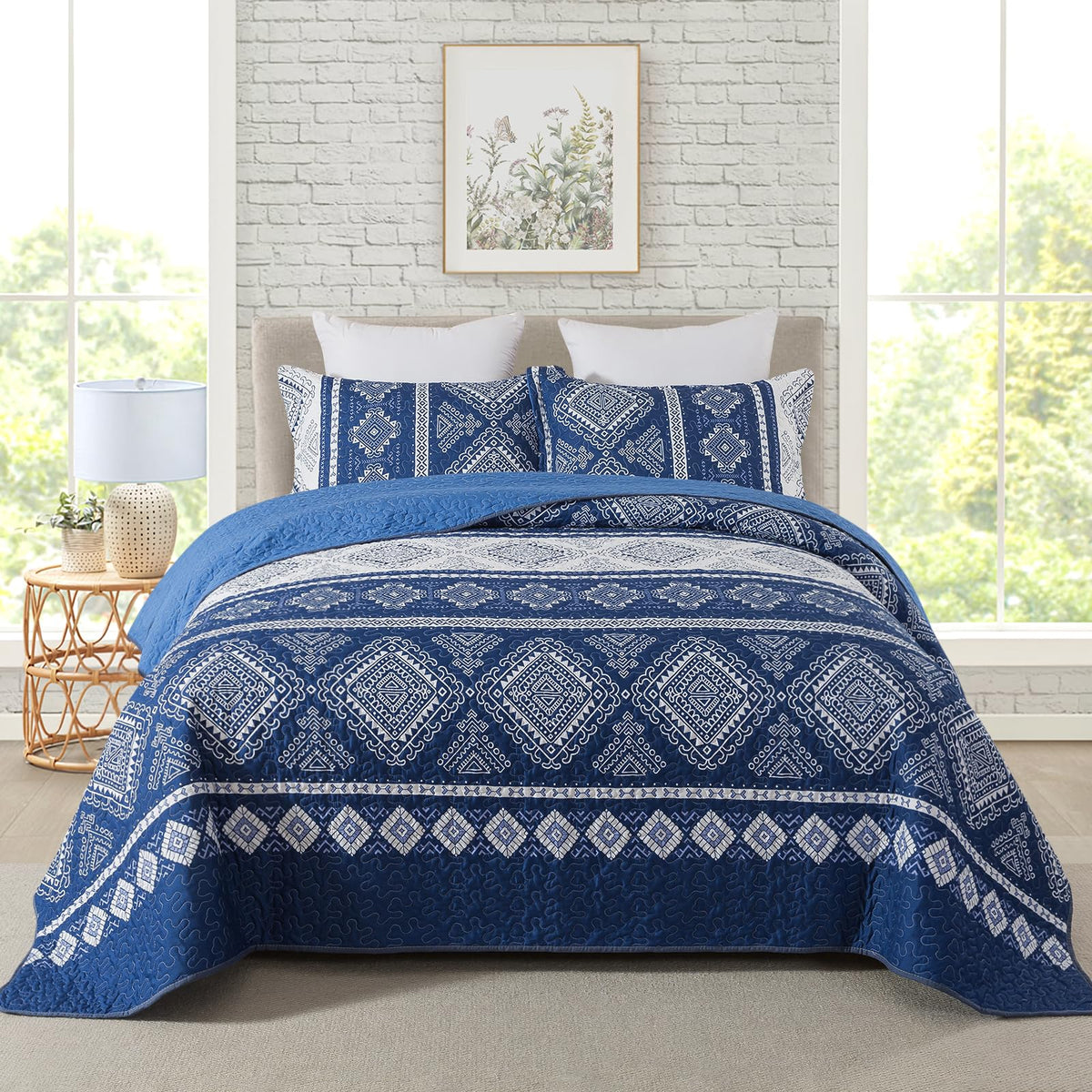 Travan 3-Piece Quilt Set Quilted Bedspread Lightweight Coverlet Set Garden Style Floral Printed Oversized Quilted Bedding Set with Shams for All Season, Exquisite, King Size