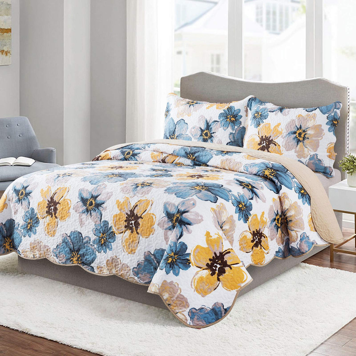 HoneiLife Oversized King Bedspreads 120x120 - Beach Quilt 3 Pieces, Coastal Quilt Sets, California King Quilt, Nautical Bedspreads Ocean Coverlets, Lightweight Bed Cover, Summer Quilts