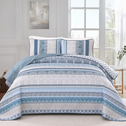 WONGS BEDDING Boho King Quilt Set，3 Pcs Light Blue Summer Bedspread
