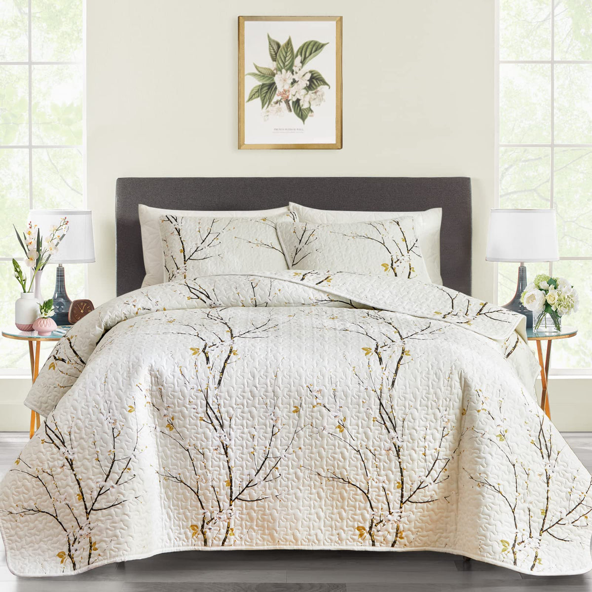 3 Piece Reversible Quilt Set Gray Branch with White Orange Floral King Size 102x88 Soft Microfiber Lightweight Coverlet Bedspread Summer Comforter Set Bed Cover for All Season (1 Quilt+ 2 Shams)