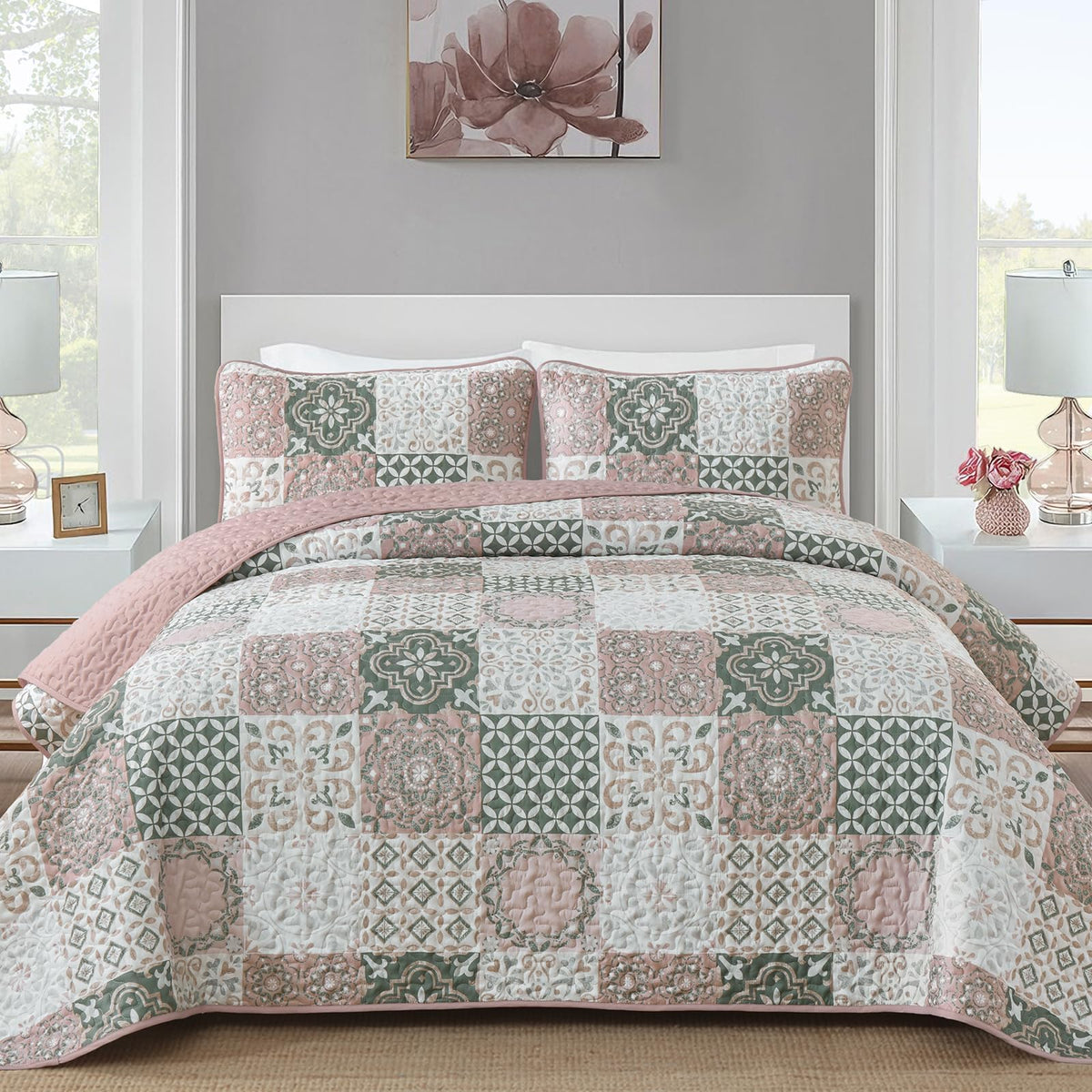 Dobuyly Queen Quilt Set Aqua Blue Patchwork Bedspread 3 Piece