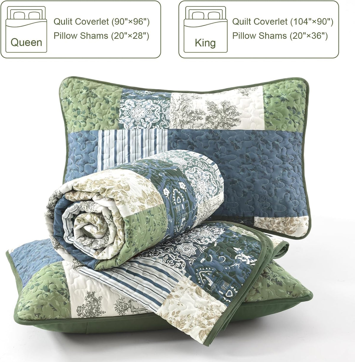 Drucon Green Patchwork Queen Quilt Set, Spring Summer Bedspreads Bedding Set, 3 Pieces Lightweight Soft Plaid Coverlet with 2 Pillow Shams for All Season 96x90 Inch