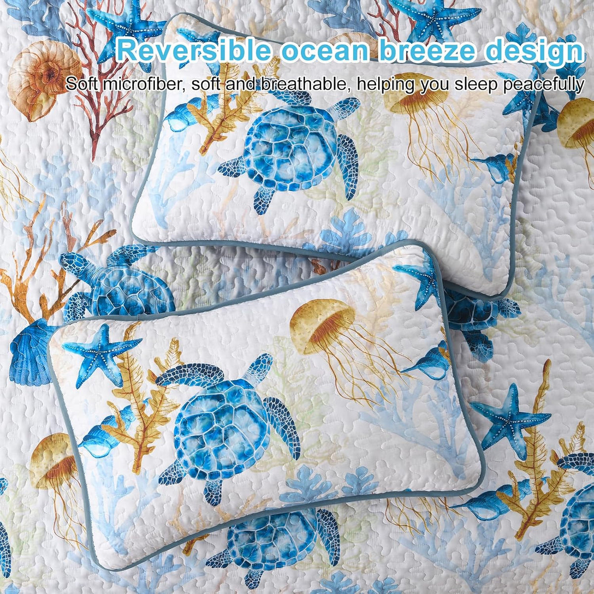 DJY Ocean Coastal Quilt Queen Size, 3 Pcs Sea Turtle Theme Bedspread Set