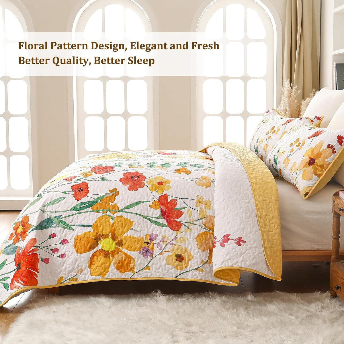 Anibedding Floral Quilt Set King, 3 Pieces Yellow Lightweight Bedspread