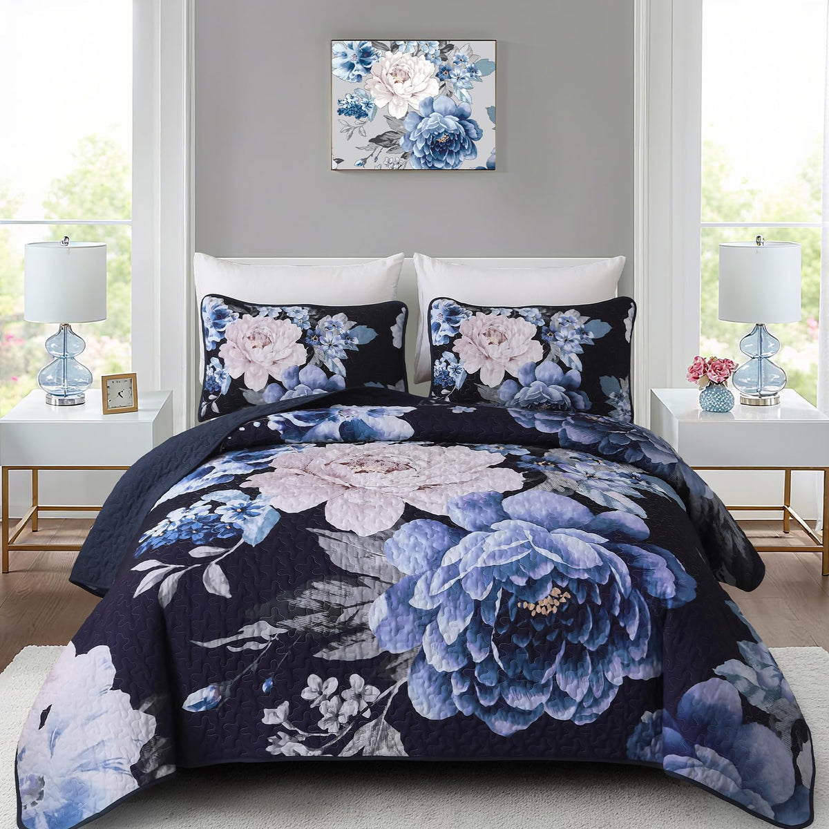 WONGS BEDDING Fall Quilt King Size, 3 Pcs Taupe Floral Bedspread Bedding