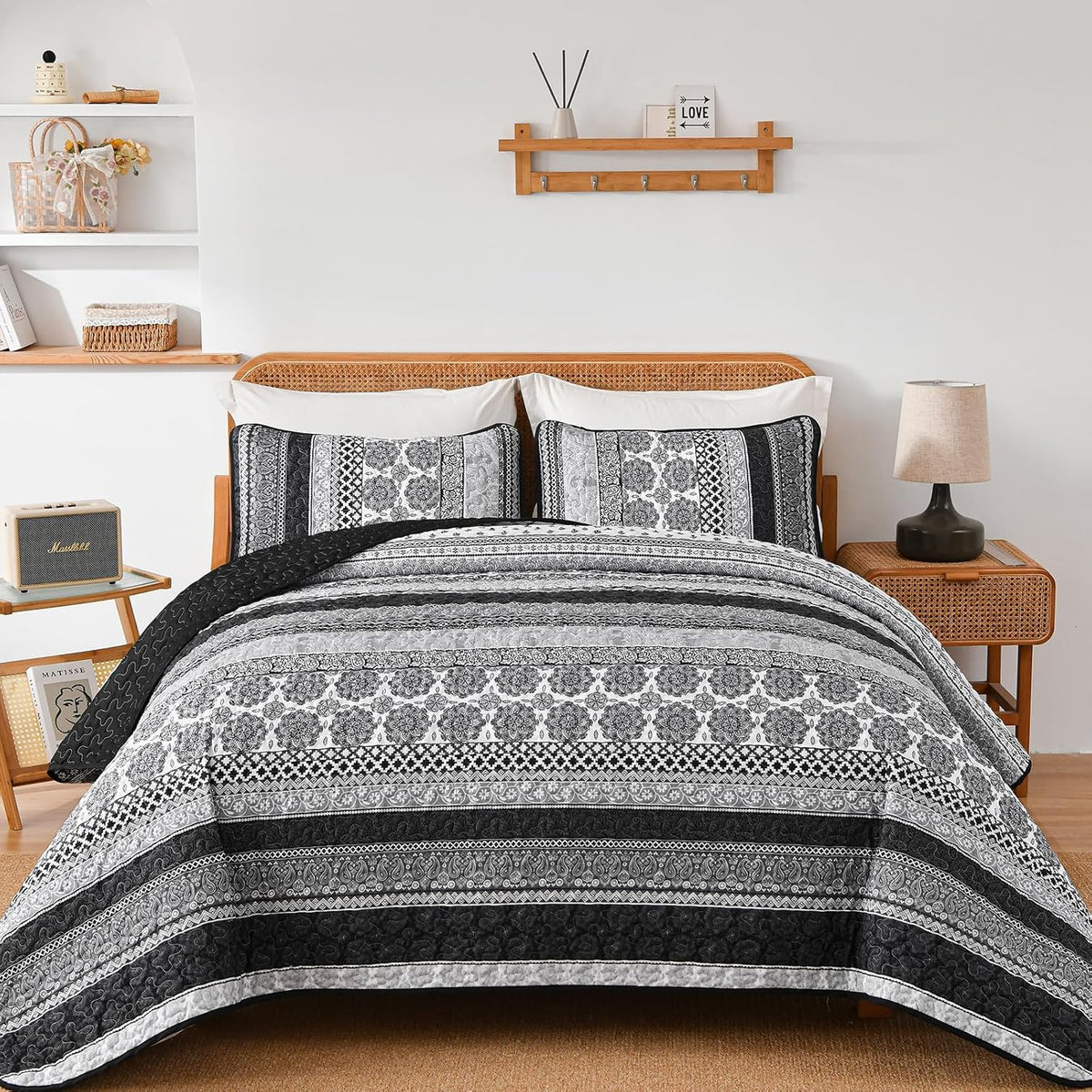 WONGS BEDDING Boho King Quilt Set，3 Pcs Light Blue Summer Bedspread