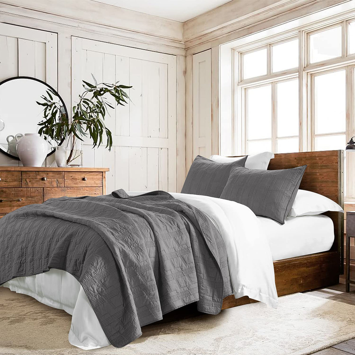 HORIMOTE HOME 100% Cotton Quilt Set Twin Size, White Pre-Washed 2-Piece Bedspread Coverlet Set, Cozy Lightweight Stitching Decorative Bedding Cover with 1 Shams in Geometric Pattern for All Season