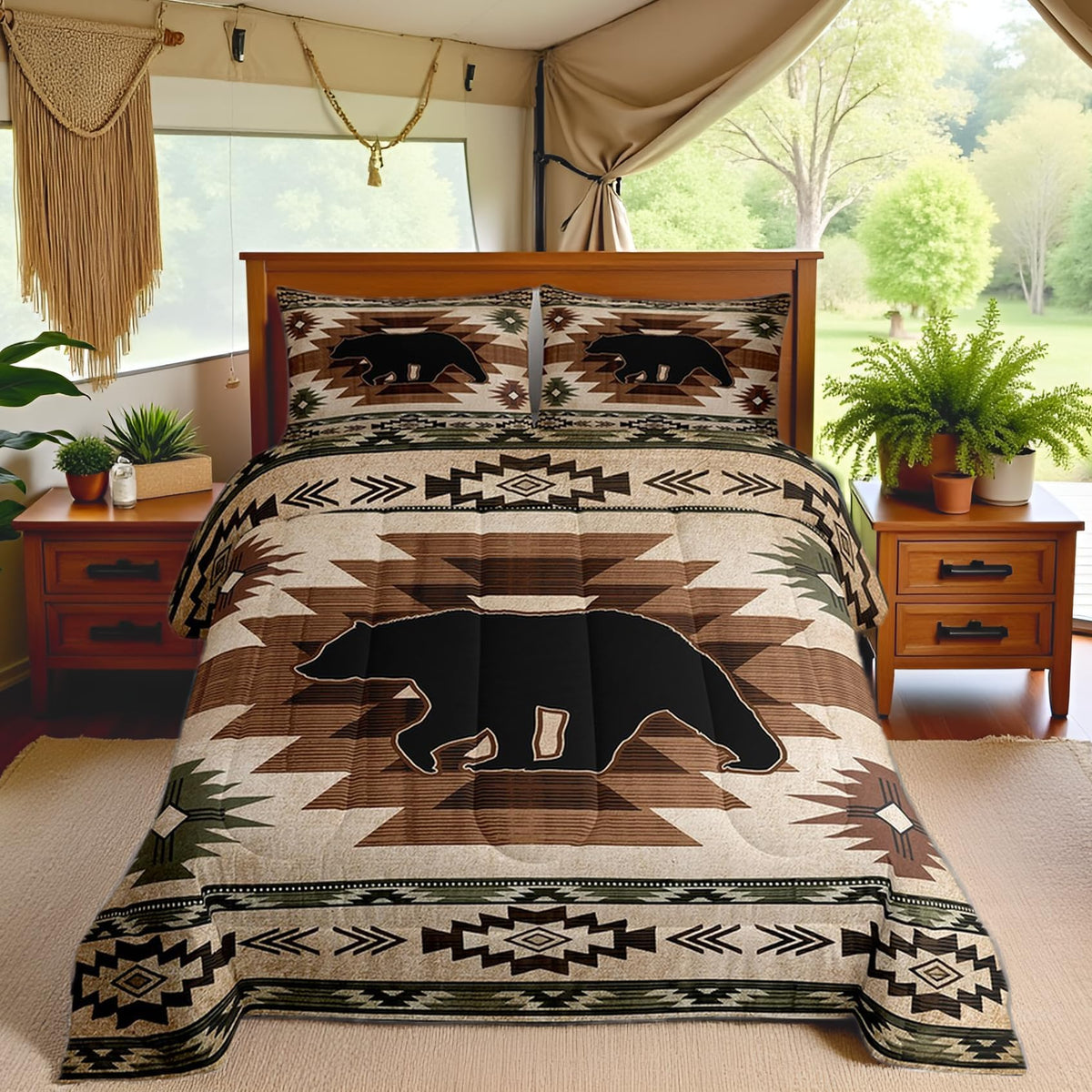 Homewish Jungle Cabin Comforter Set,Moose Animal Pine Trees Bedding Sets for Kids Teens Adults,Retro Wooden Stripes Rustic Farmhouse Quilted Comforter with 2 Pillowcases Queen Size 3 Pcs