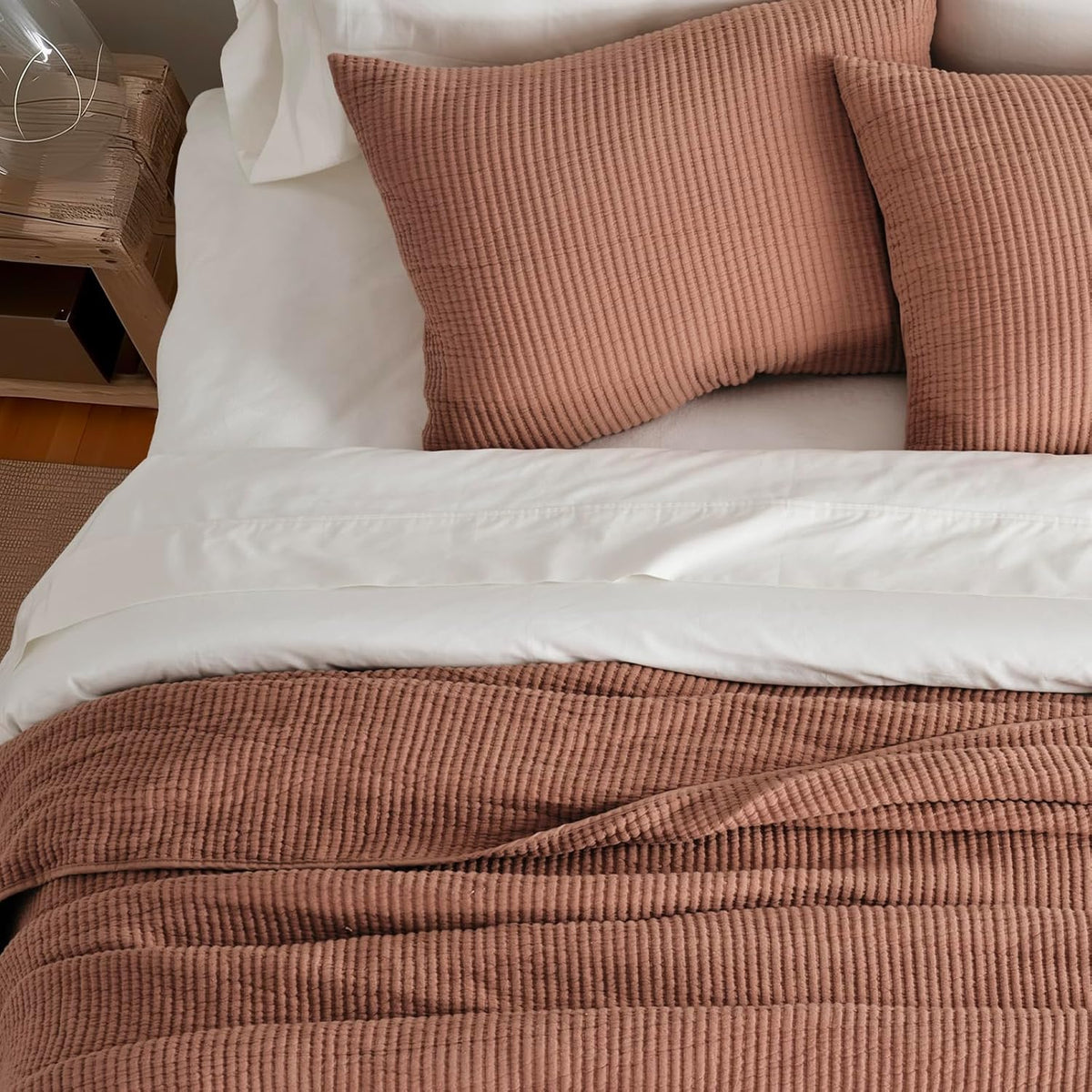 EVERGRACEHOME Cotton Ribbed Matelassé Coverlet Set, Queen Size, Clay