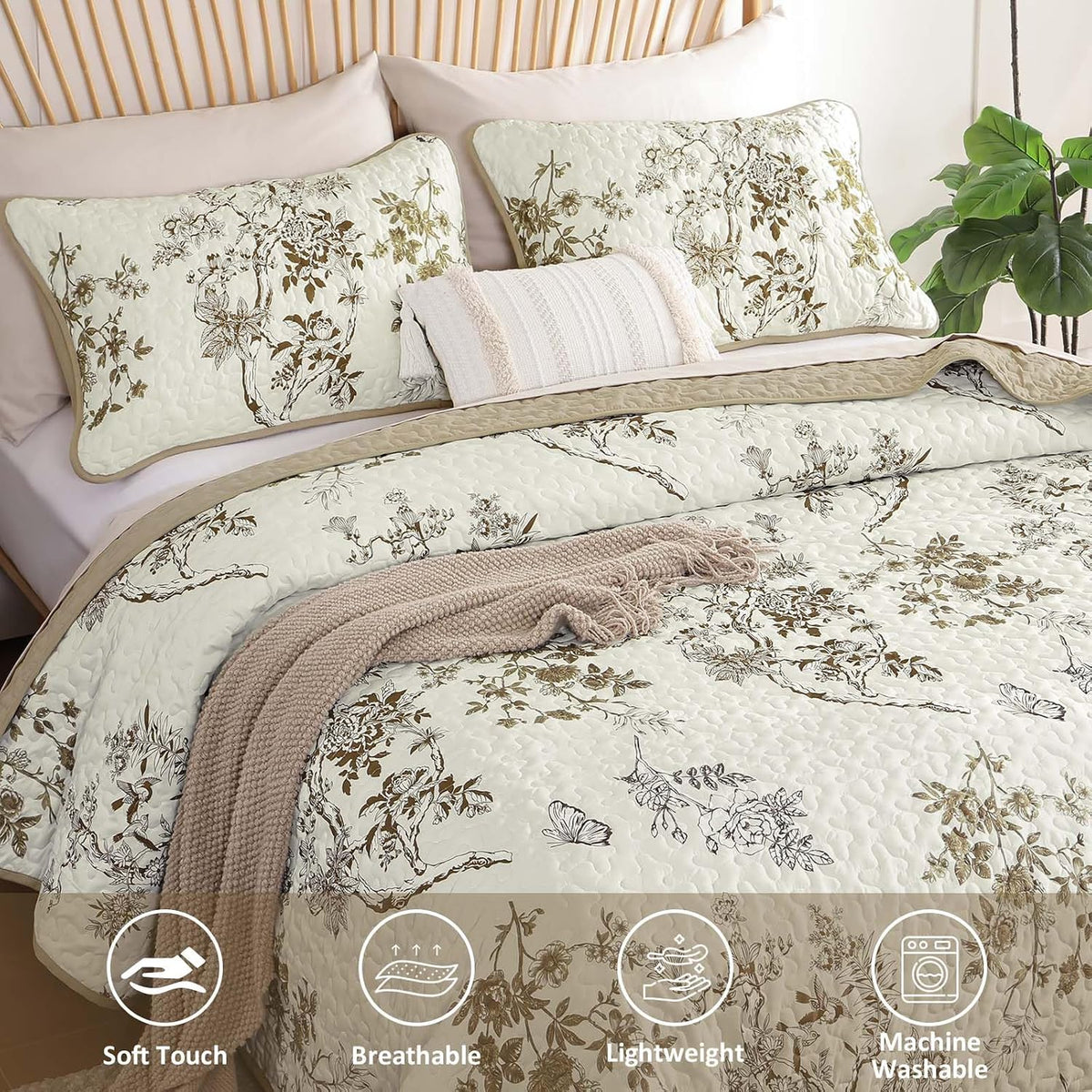 WONGS BEDDING Floral Quilt Set King, 3 Pcs Brown Bedspread Coverlets Set
