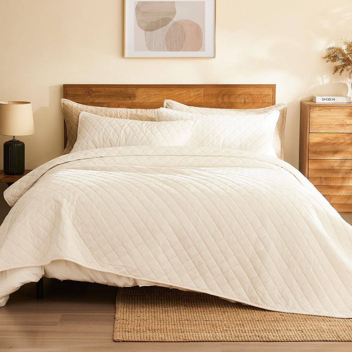 L'AGRATY Velvet Quilt King Size: 3-Piece Reversible Luxury Velvet Bedding Comforter Set - Lightweight Oversized Quilted Bedspread Coverlet with 2 Pillow Sham for All Season - Light Linen Quilt