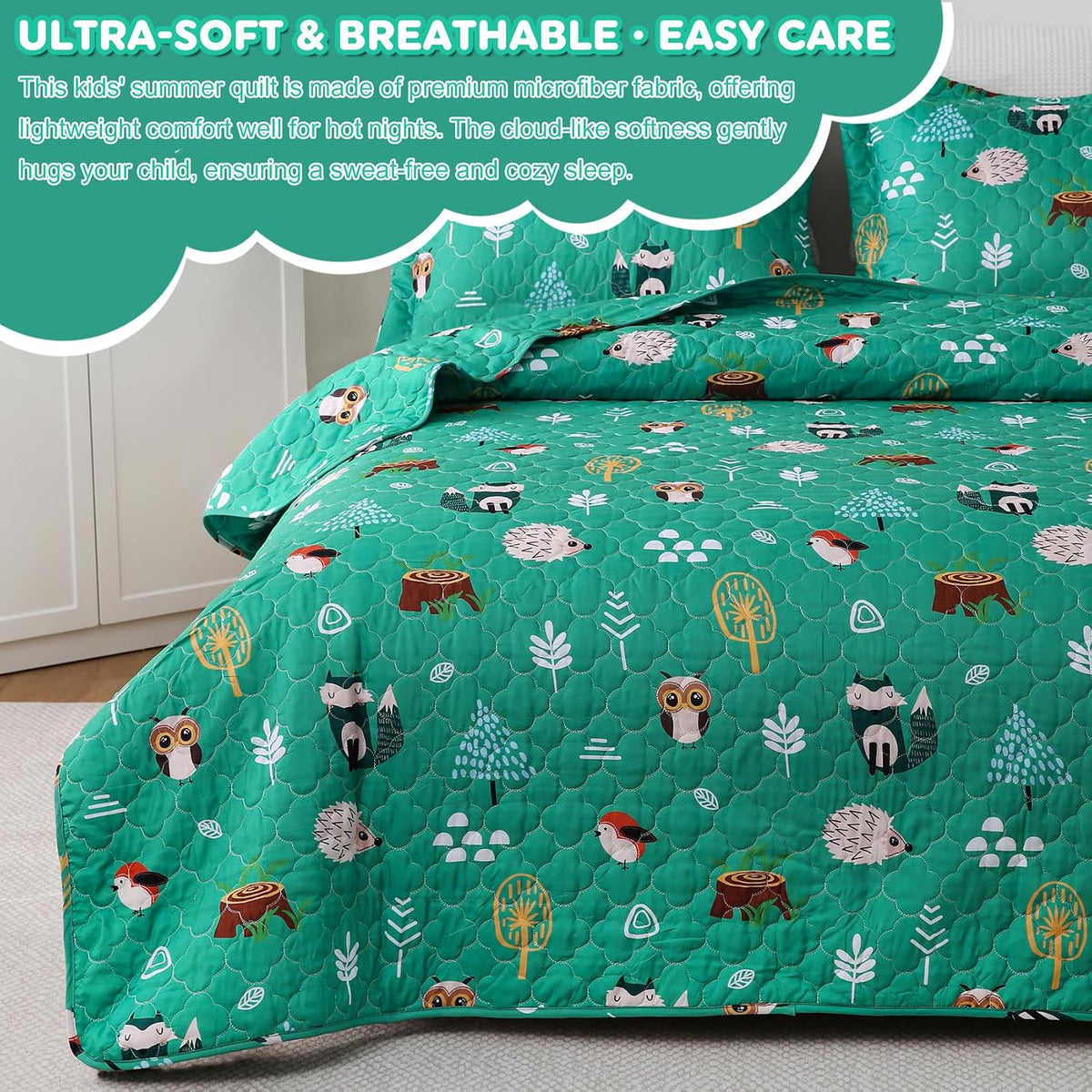 Green Forest Animals Themed Quilt Set Full Size for Boys, 3 Pieces