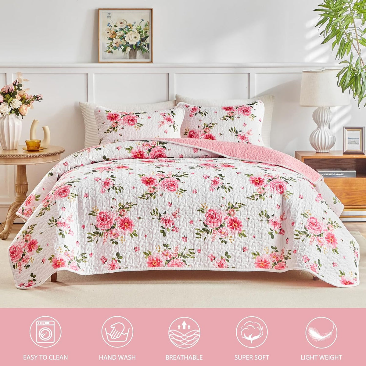 UOZZI BEDDING Floral Quilt Set 3 Pieces Queen Size White Pink Flower Soft Microfiber Lightweight Summer Reversible Coverlet Bedspread for All Season -1 Quilt 88 * 88 + 2 Pillow Shams