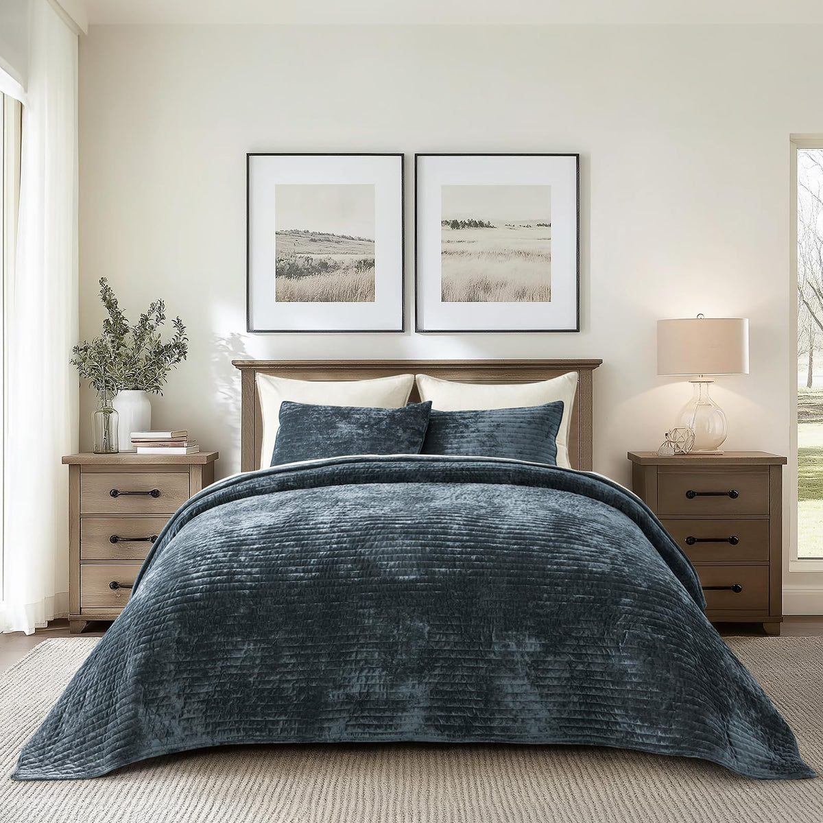EverGrace Stripe Channel Luxury Velvet Quilt Set King Size, Mocha Brown