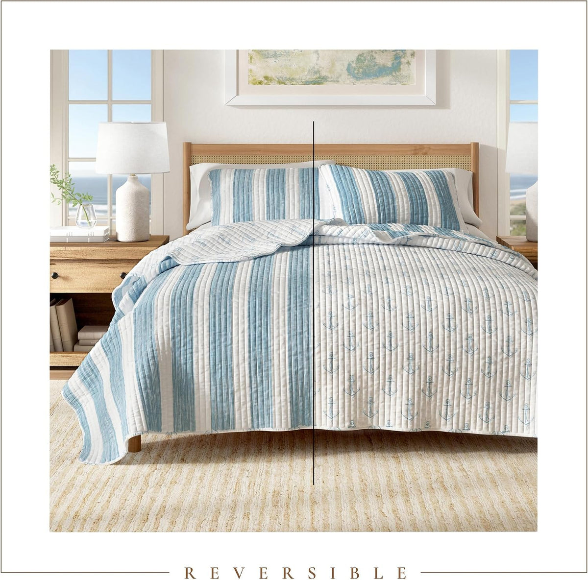 Great Bay Home Full/Queen Coastal Quilt Bedding Set, Summer Coastal Quilt with Shams, Beach 3-Piece Reversible All Season Bedspread Quilt Set. Lightweight Nautical Quilted Coverlet. Blue.