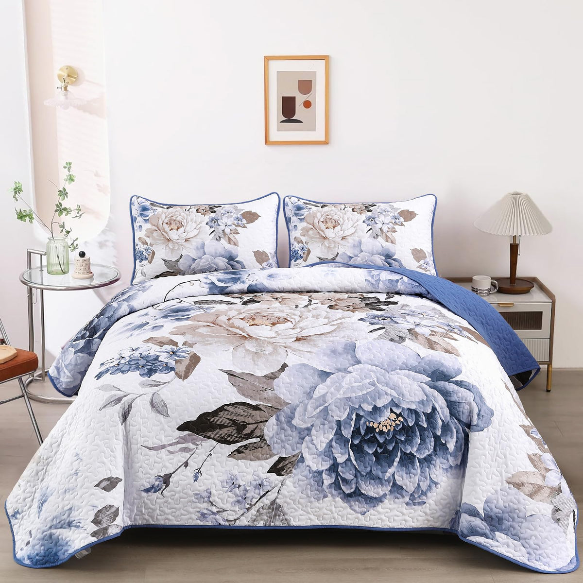WONGS BEDDING Fall Quilt King Size, 3 Pcs Taupe Floral Bedspread Bedding