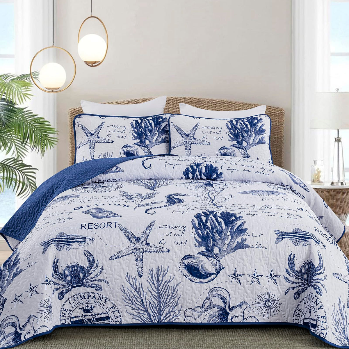 DJY Ocean Coastal Quilt Queen Size, 3 Pcs Sea Turtle Theme Bedspread Set