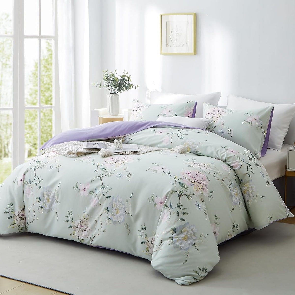 BOLINLIVINGFloral Duvet Cover Set Queen Size, 3Pcs Bedding Set,Green&Purple