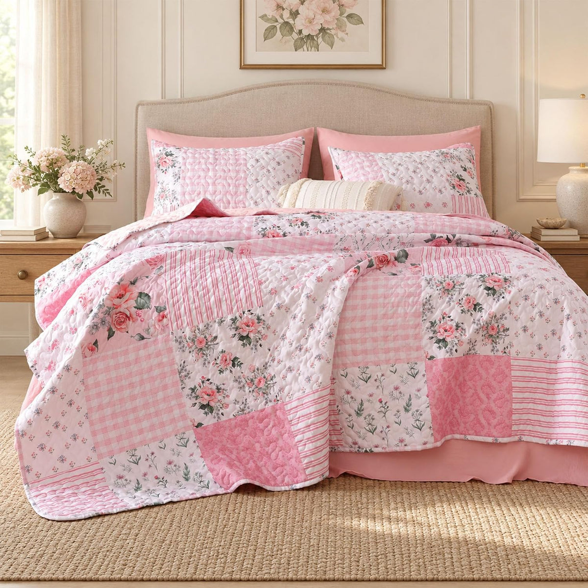 YIKUSH Floral Quilt Set Queen Size – Ultra Soft Lightweight Bedspread, 3 Piece Pink Bedding Set (90"x90") with Pillowcases (20"x26"), All Season Coverlet for Bedroom & Guest Room