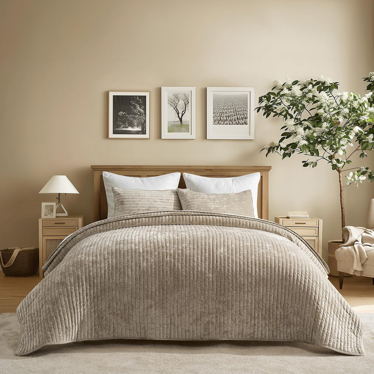 EverGrace Stripe Channel Luxury Velvet Quilt Set King Size, Mocha Brown