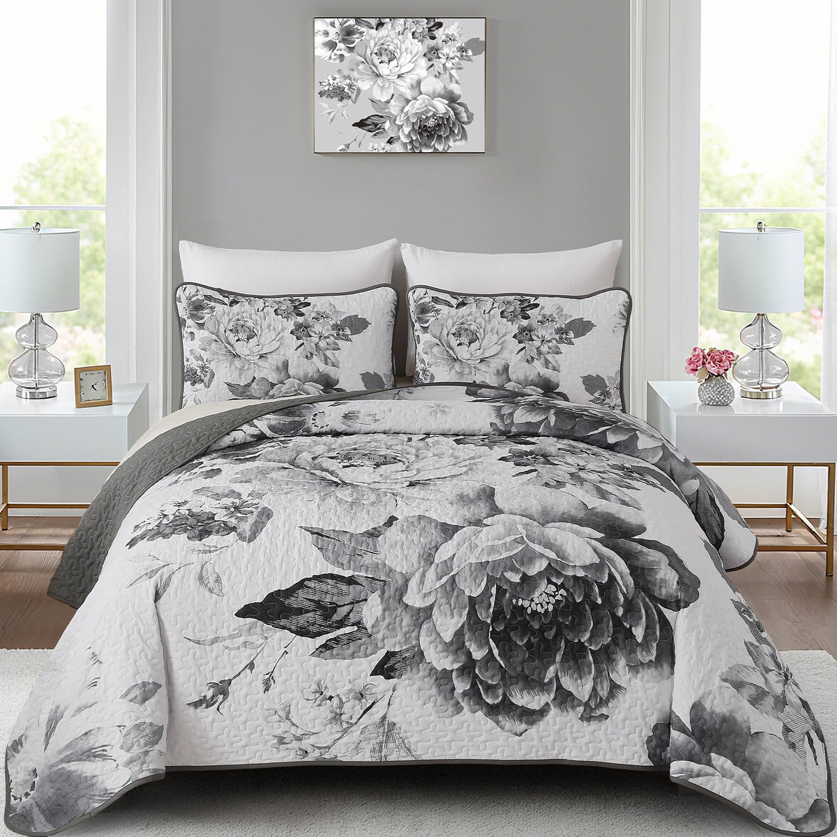 WONGS BEDDING Fall Quilt King Size, 3 Pcs Taupe Floral Bedspread Bedding
