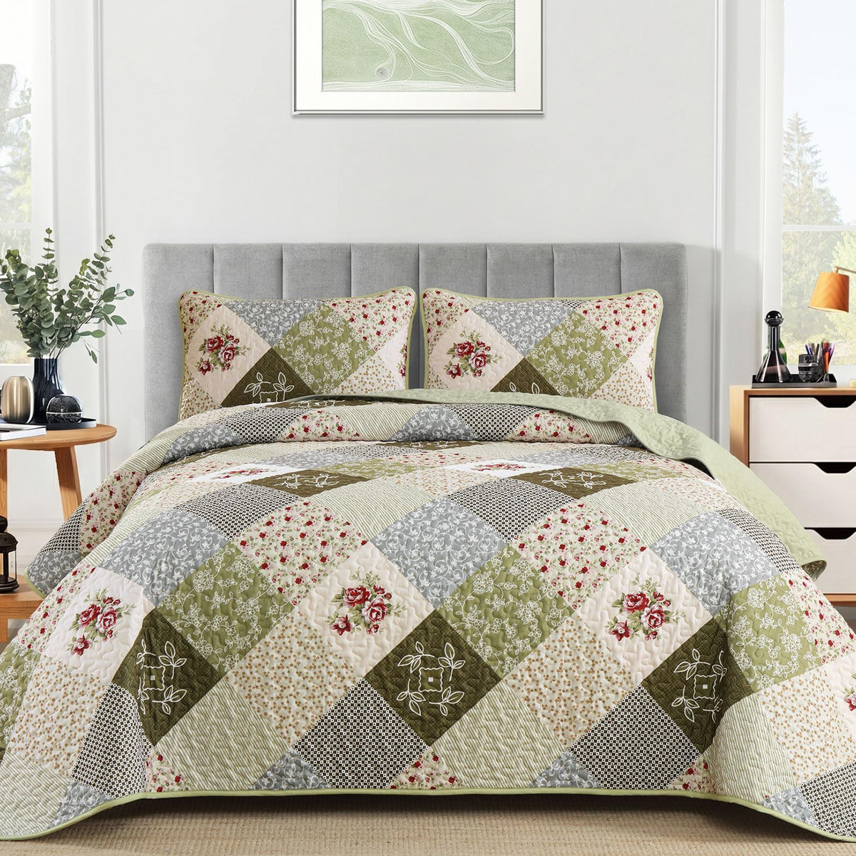 Dinjoy Boho Quilt Set Full Size, Patchwork Floral Bedspreads, Purple