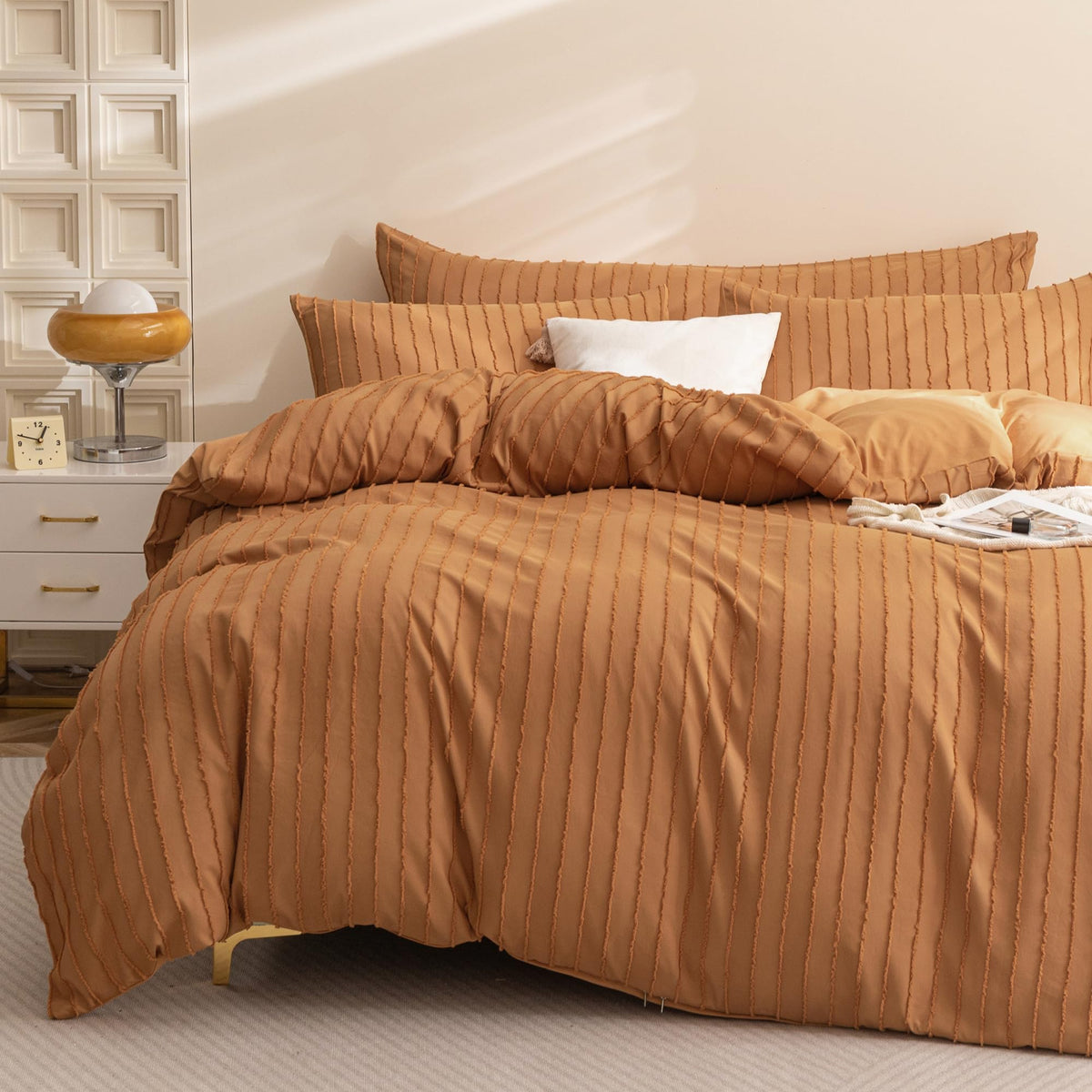 JELLYMONI White Striped Tufted Duvet Cover Set Queen Size