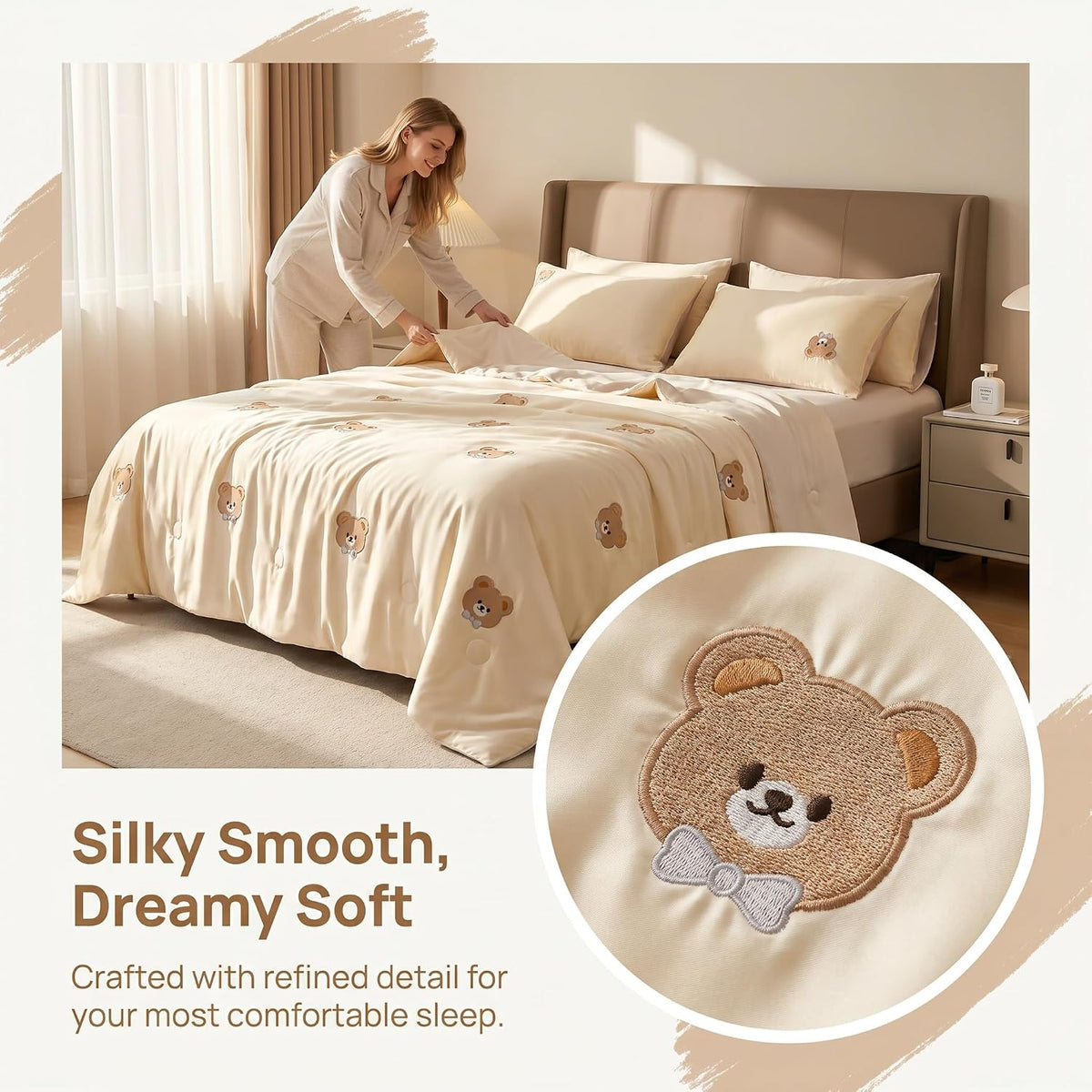 4-Piece Set Cooling Ice Silk Summer Quilt with Bear Embroidery Breathable Soft Bedding for Hot Sleepers