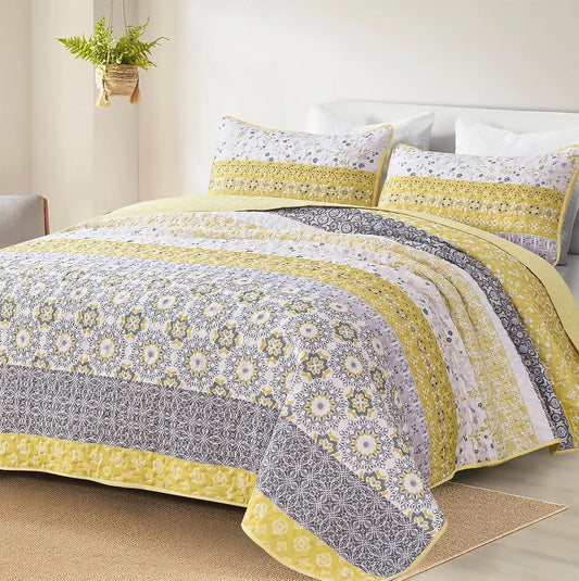 WONGS BEDDING Boho Quilt Set Queen，3 Pcs Yellow Floral Striped Bedspread