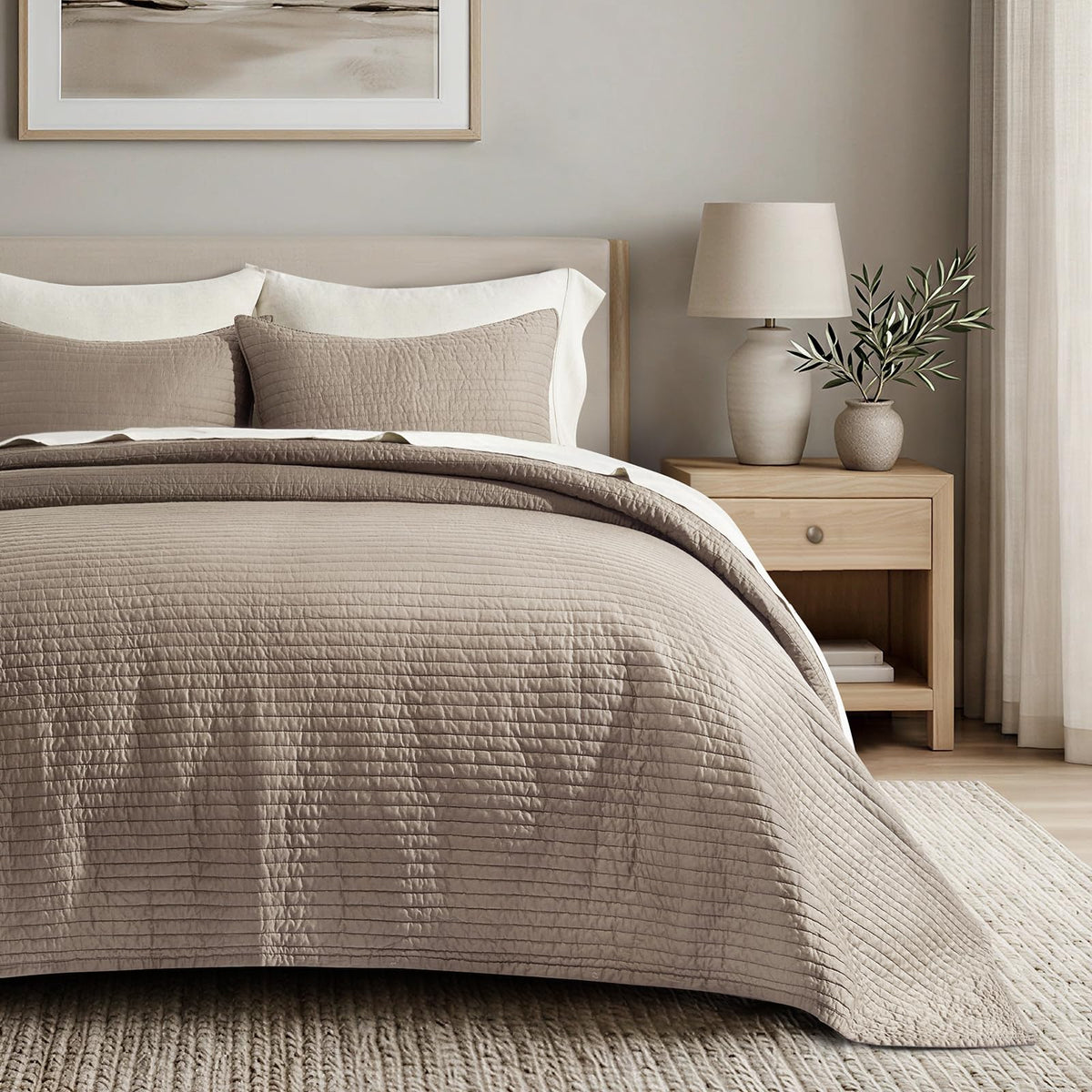 EVERGRACEHOME Cotton Sateen Quilt Set, King Size, Olive Green